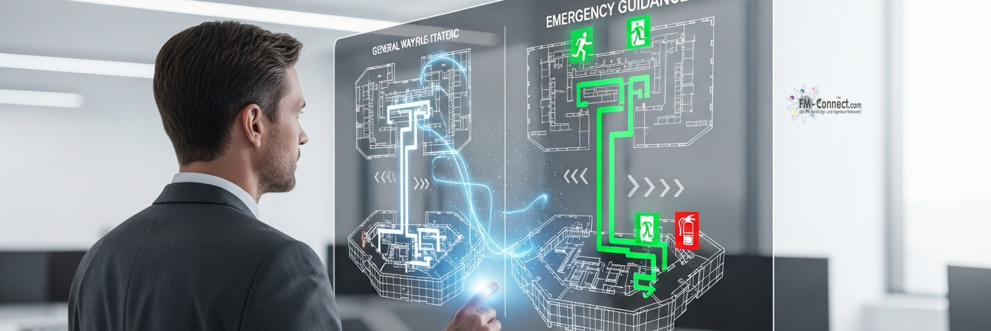 Digitale Wegführung und Notfallführung getrennt dargestellt auf Gebäudeplan